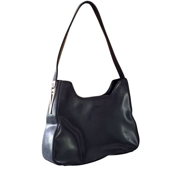 Vtg Guess Black Leather Shoulder Bag Handbag Silver Embossed Logo Classic Preppy